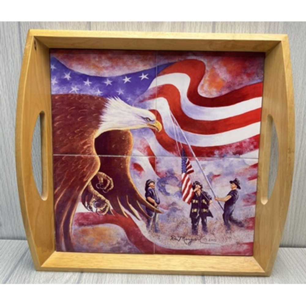 D Morgan Wood Ceramic Serving Tray Firefighter Eagle Flag 2001 Patriotic